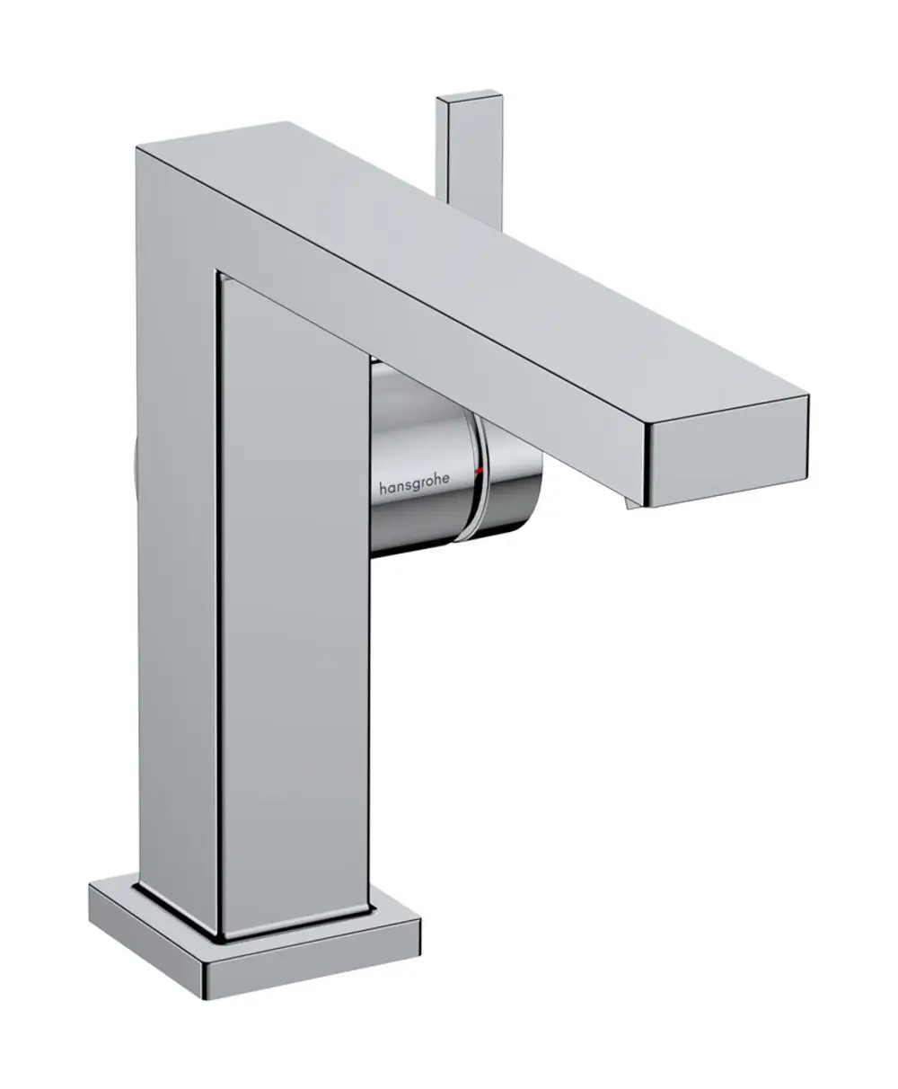 Einhebel-Waschtischmischer aus Chrom von Hansgrohe mit quadratischem Design und einer Steuerung zur Wasserregulierung. Integrierte Push-Open Ablaufgarnitur.